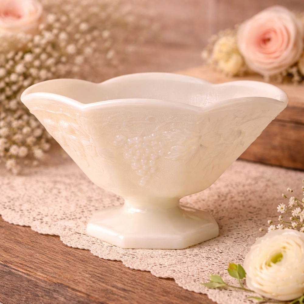 Vintage Milk Glass Pedestal Grape Harvest Bowl‎